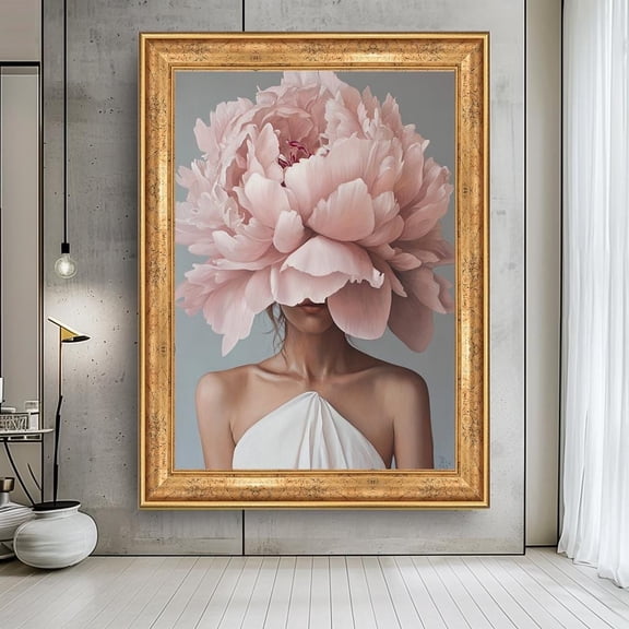 YaHaku Elegant Woman with Oversized Pink Peony Head | Romantic Floral Feminine Wall Art | Soft Pastel Botanical Portrait