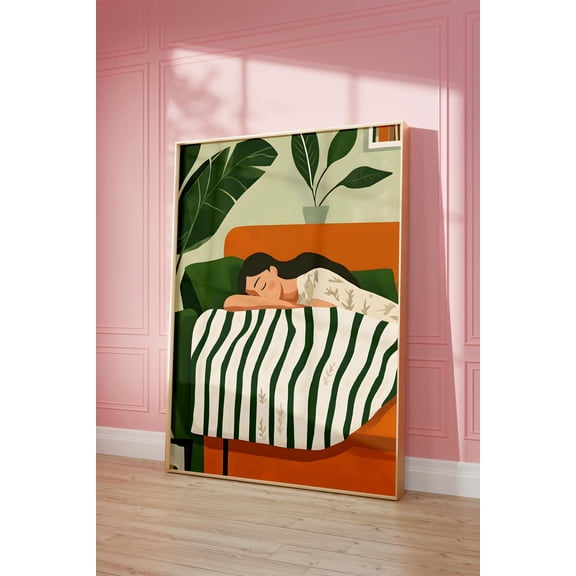 YaHaku Emerald Orange Abstract People Trendy Wall Art Large Wall Art Print Living Room Wall Art Stripe Woman Print Contemporary Artwork