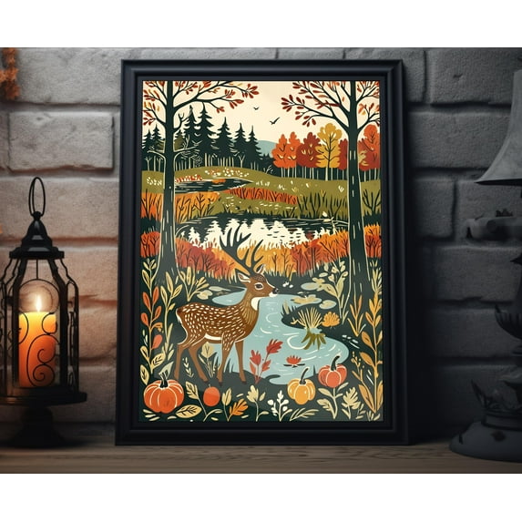 YaHaku Fall Deer Woodcut Illustrative Art Print | Pumpkin Forest Wall Art, Fall Painting Artwork, Thanksgiving Decor For Home, Autumn Poster Print