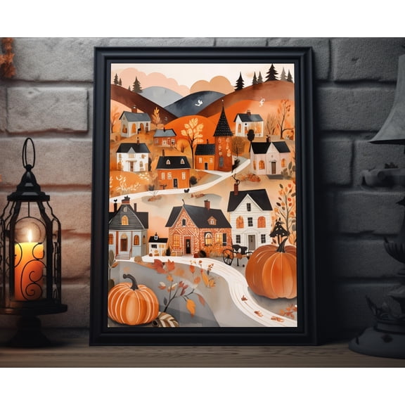 YaHaku Fall Town Abstract Folk Art Print | Thanksgiving Wall Art, Fall Pumpkin Painting Artwork, Thanksgiving Decor For Home, Autumn Poster Print