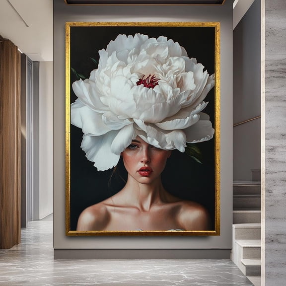 YaHaku Floral Woman Portrait Wall Art | Realistic Peony Flower Head Print | Modern Feminine Artwork for Elegant Bedroom or Living Room Decor