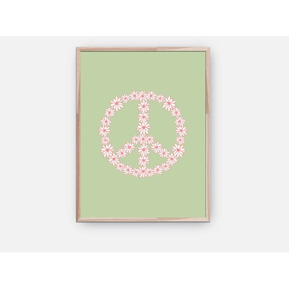 YaHaku Flower Peace Sign Wall Decor Art Print, Retro Aesthetic Poster, Danish Pastel Green Floral Peace