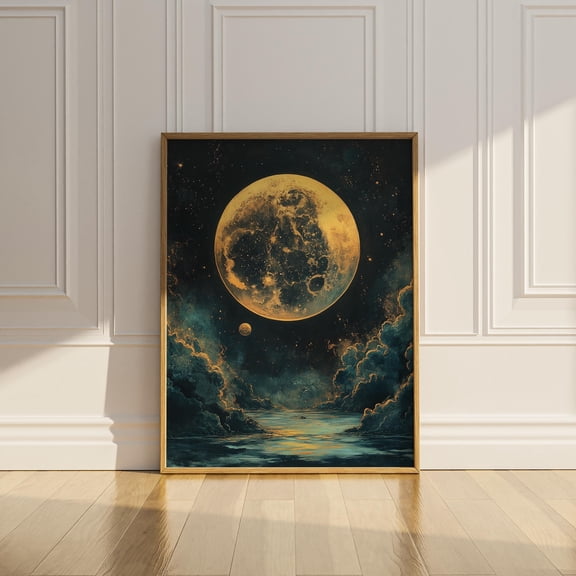 YaHaku Full Moon Moody Oil Painting Poster Celestial Enchanting Wall Decor Dark Ocean Night Sky Clouds Gift Poster