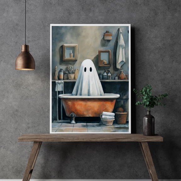 YaHaku Ghost Taking a Bath Art in Oil Painting Style, Whimsical Ghost Art, Halloween Wall Decor, Spooky Fun