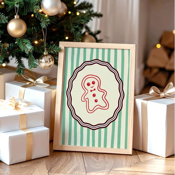 YaHaku Gingerbread Poster – Green Striped Christmas Kitchen Wall Art | Holiday Cookie Print
