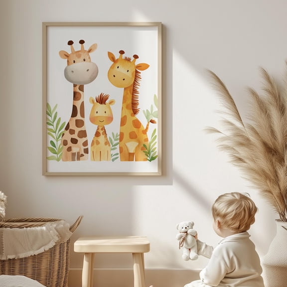 YaHaku Giraffe Family Safari Nursery Print, Baby Animal Art