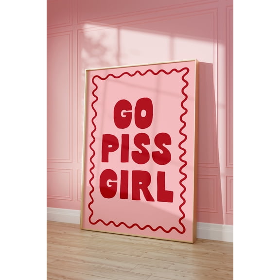 YaHaku Go Piss Girl Art Print | Funny Typography Bathroom Poster, Pink + red restroom art print toilet decor, cute bathroom art retro