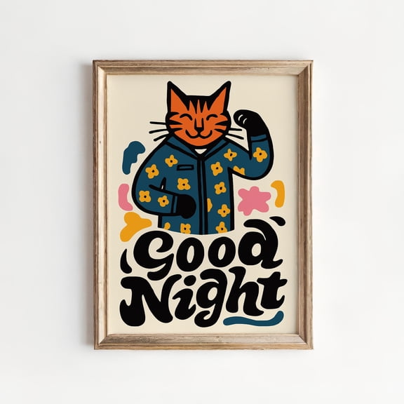 YaHaku Good Night - Cat in Pajamas Art Print - Whimsical Folk Wall Decor