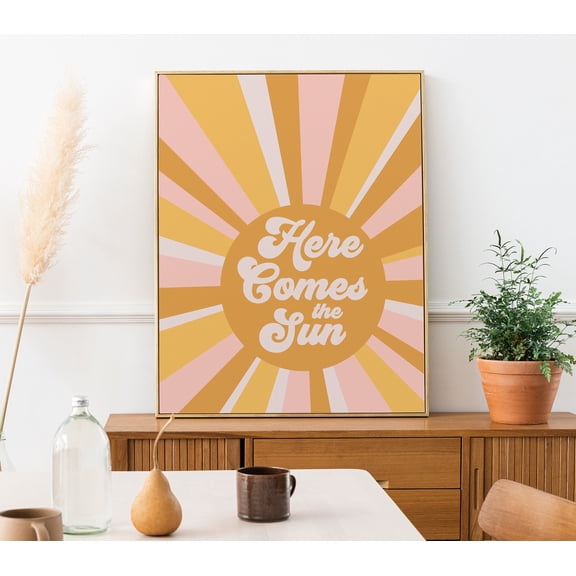 YaHaku Here Comes the Sun Wall Decor Art Print, Retro Aesthetic Poster, Sun Rays, Pastel Sunny Yellow Sunshine
