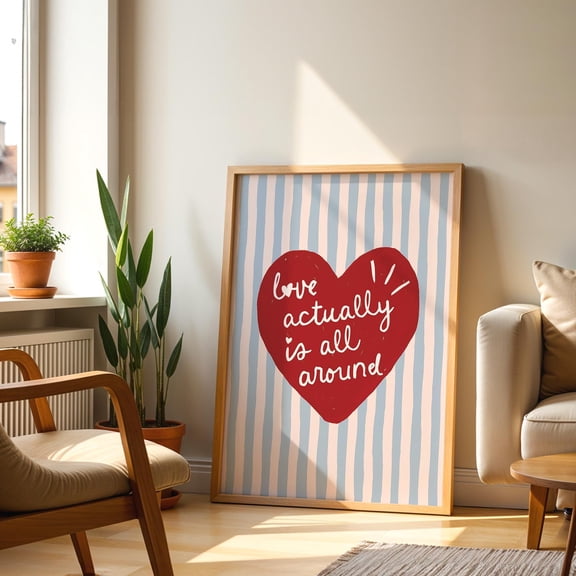 YaHaku Love Actually Is All Around Wall Art | Preppy Blue & Red Heart Striped Print | Hand Lettered Typography Home Quote Decor |