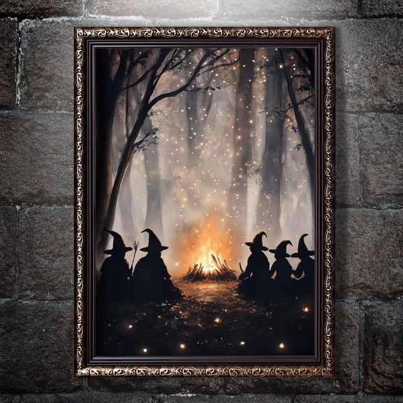YaHaku Magical Witch Oil Painting, Witchy Bonfire Wall Art Print, Mystical Witchcraft Halloween Poster, Gothic Withes by the Forest Fire Home Decor