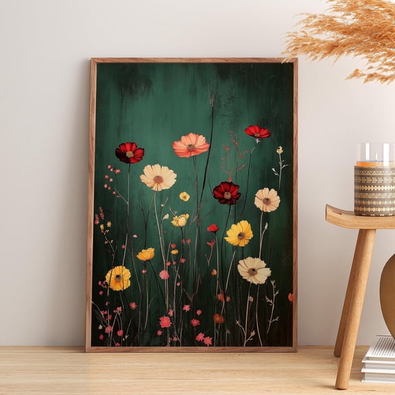 YaHaku Moody Botanical Flower Field | Floral Wall Art | Mid-Century Floral Art | Contemporary Wildflower Decor | Dark Botanical | Fast Shipping