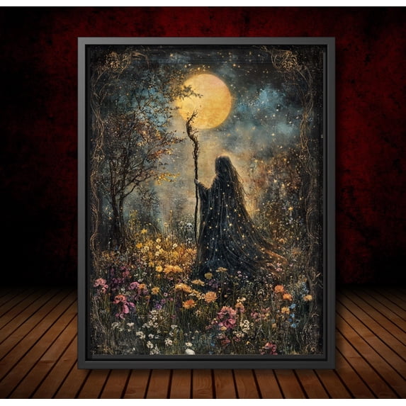 YaHaku Moonlit Witch Art Print Mystical Garden Witch with Stick Under Full Moon, Whimsical Floral Fantasy Wall Decor, Cottagecore Witchy Poster