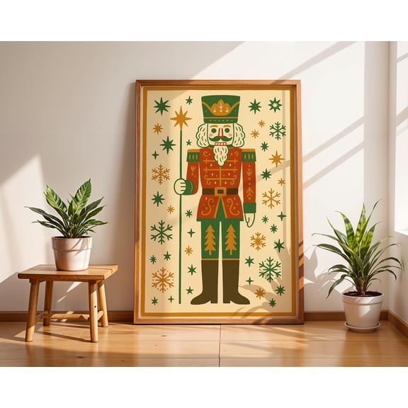 YaHaku Nutcracker Christmas Wall Art, Retro Holiday Print with Stars and Snowflakes, Vintage Nutcracker Poster, Classic Festive Decor