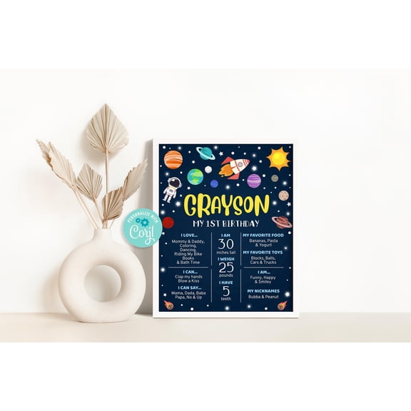YaHaku Outer Space 1st Birthday Milestone Poster: Astronaut Stats Board