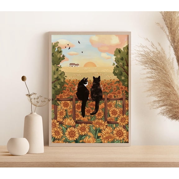 YaHaku Personalised Cat Sunflower Portrait Print, Beautiful Wall Art of Customised Cats in a Sunflower Field, Cat Loss, Unframed