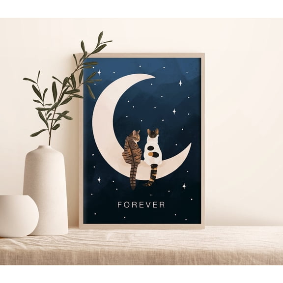 YaHaku Personalised Cat on Moon Print, Beautiful Wall Art of Cats Sitting on the Moon, Starry Night Sky, Cat Lover Christmas Gift, Unframed