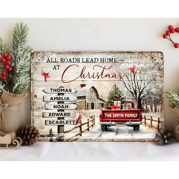 YaHaku Personalized Family Christmas Metal Sign, At Christmas All Roads Lead Home Sign, Custom Name Red Truck Print, Christmas Vintage Metal Tin