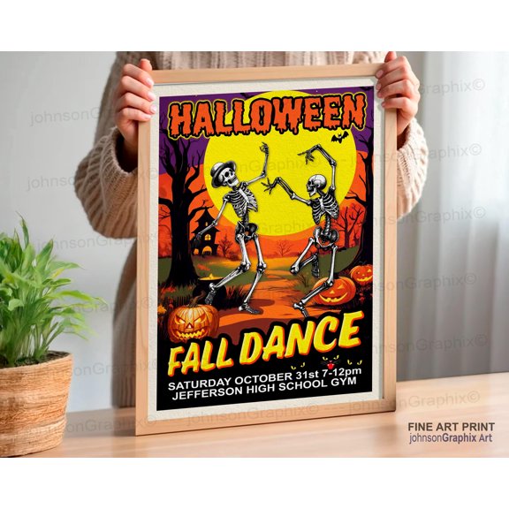 YaHaku Retro Halloween Dancing Skeletons Poster - Vintage Halloween Decor - Spooky Season Trick or Treat Art Print - Fall Farmhouse Kitchen Decor