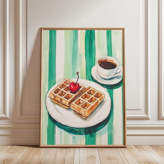 YaHaku Retro Morning Breakfast Digital Poster Quirky Breakfast Print, Green Kitchen Wall Art, Fun Apartment Decor, Waffle Art Print, Waffles Poster