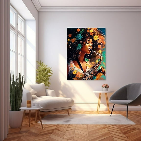 YaHaku Saxophone Woman Abstract Art Afrocentric Housewarming Gift for Her Wall Print Birthday