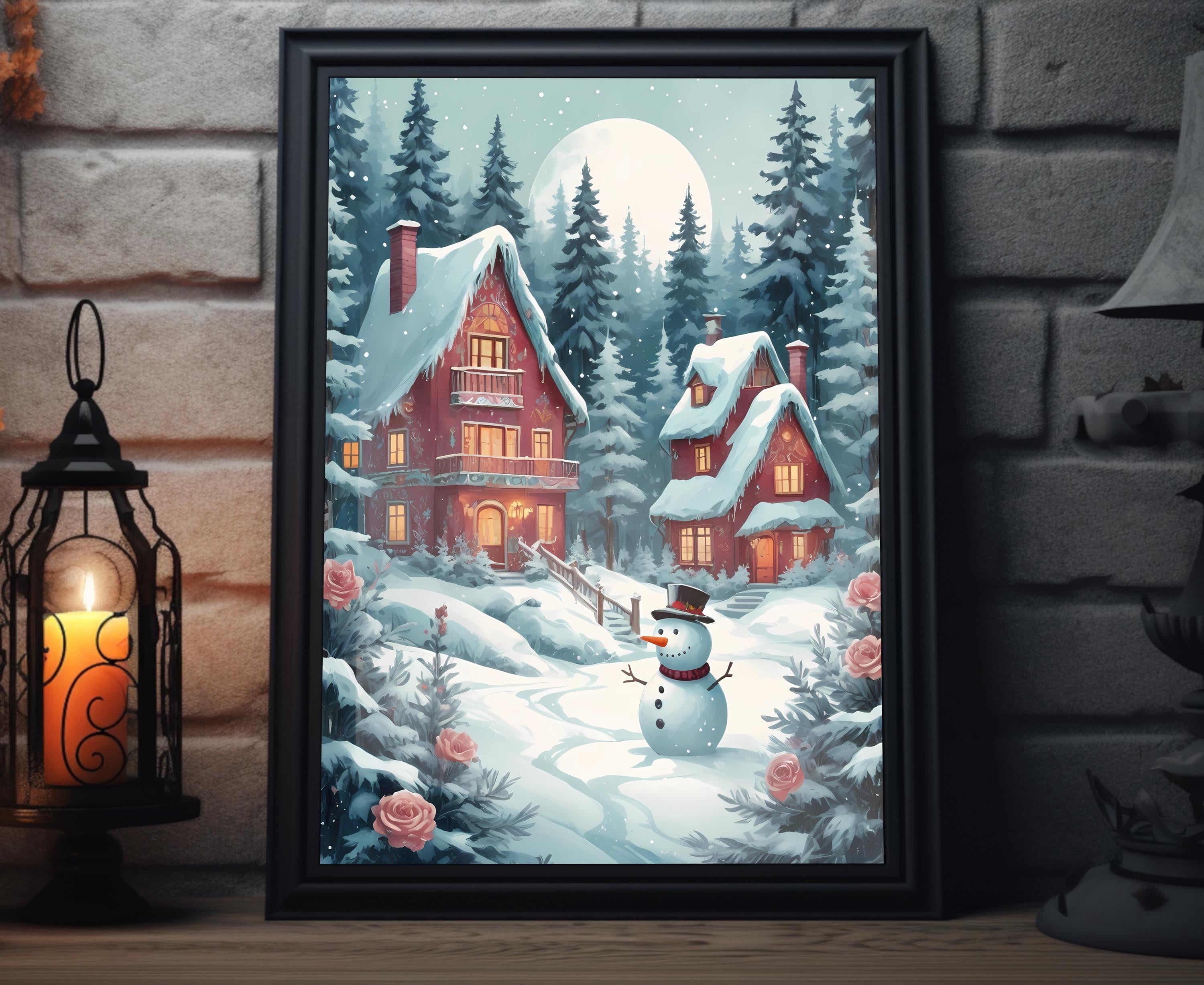 YaHaku Snowy Cabin Folk Art Print | Winter Forest Wall Art, Cozy ...