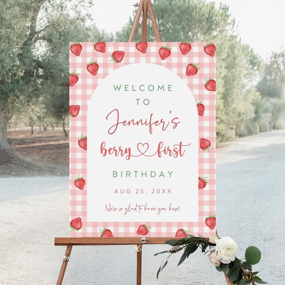 YaHaku Strawberry Birthday Welcome Sign, Berry First Birthday Sign, 1st Birthday Welcome Sign, Strawberry Birthday Decoration, Editable Sign