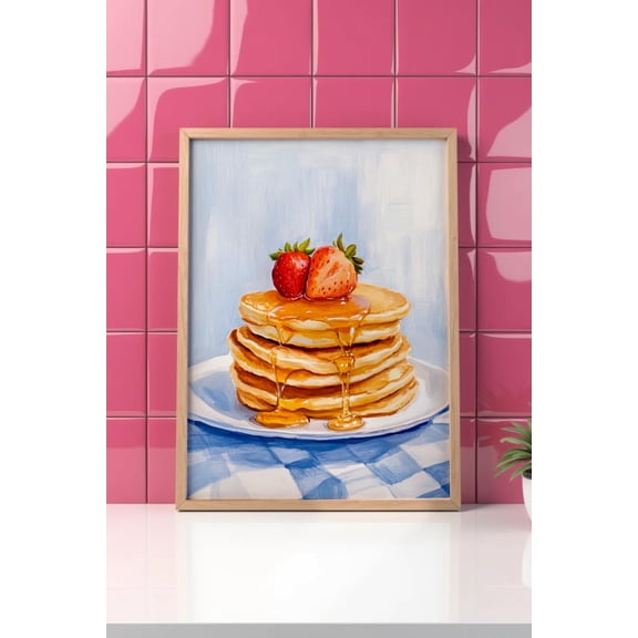 YaHaku Strawberry Pancake Art Print, Breakfast Wall Decor, Cozy Kitchen Printable, Food , Pancakes and Syrup Art, Brunch Home Art,