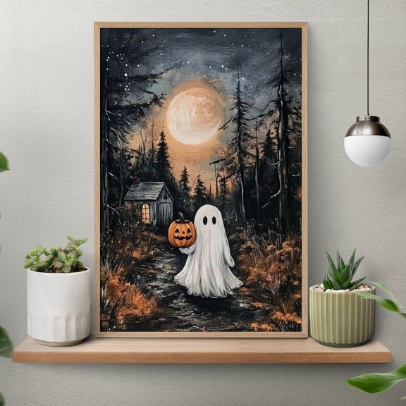 YaHaku Unframed Forest Halloween Ghost Wall Art, Cute Spooky Ghost Poster, Autumn Holiday Print, Creepy Cute Room Decor, Haunted Forest Halloween