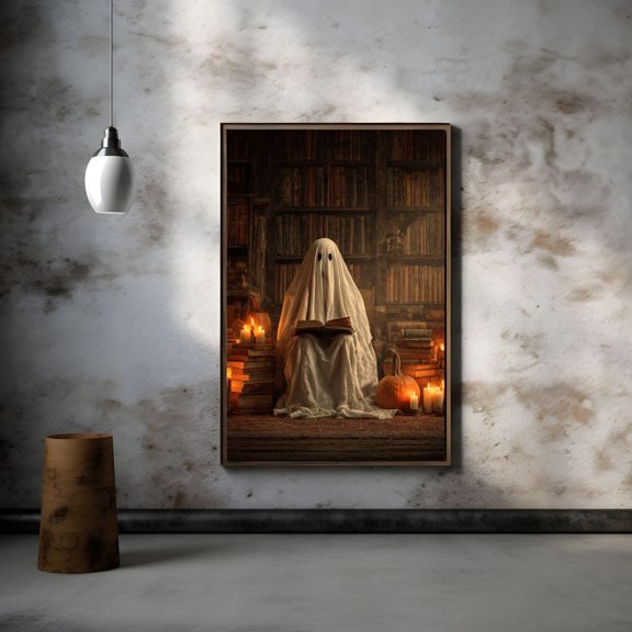 YaHaku Vintage Ghost Library Halloween Poster: Gothic Dark Wall Art