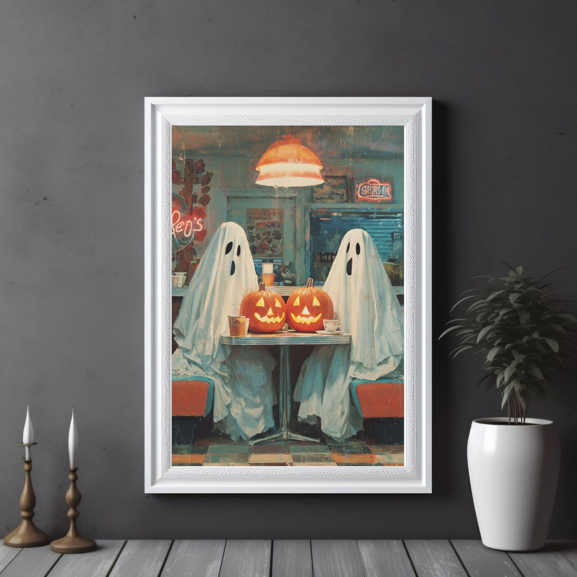 YaHaku Vintage Halloween Diner Poster: Retro Ghost Coffee Shop Wall Art ...