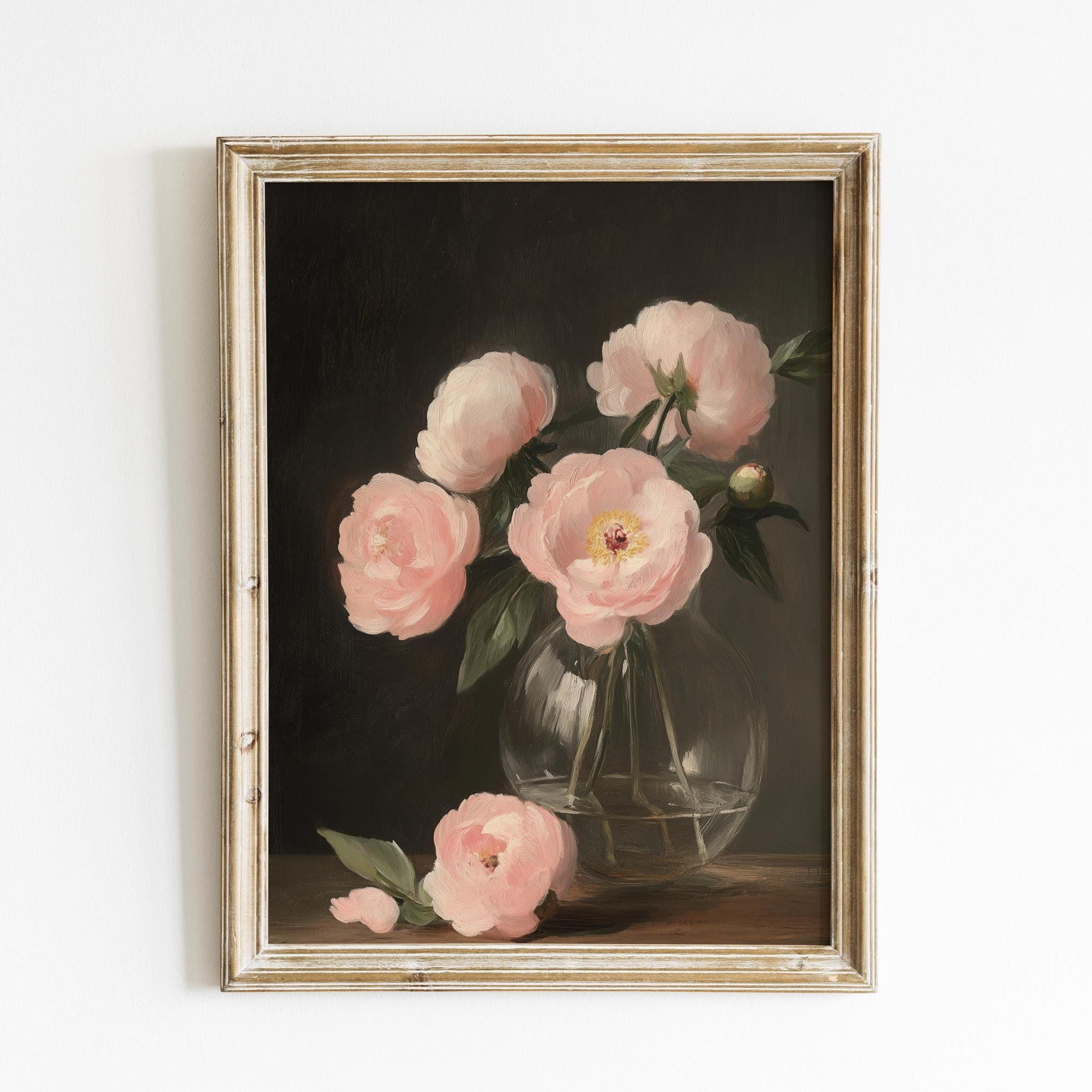 YaHaku Vintage Pink Peony Still Life Oil Painting Print, Elegant Floral ...