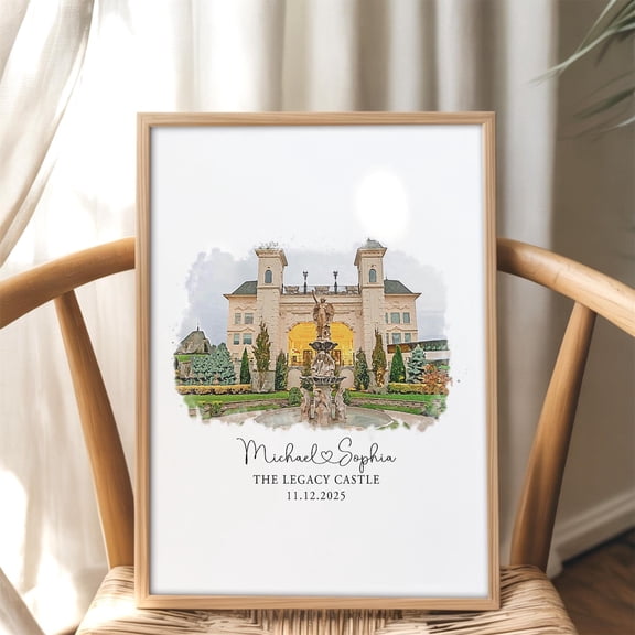 YaHaku Wedding Venue Print 2025, Personalized Wedding Venue Watercolor Frame Poster, Wedding Gift, 1st Wedding Anniversary Gift, Couple Gift