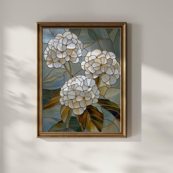 YaHaku White Hydrangea Stained Glass Poster Wildflower Flower Wall Decor Artful Trendy Boho Mid Century Modern Gift Poster