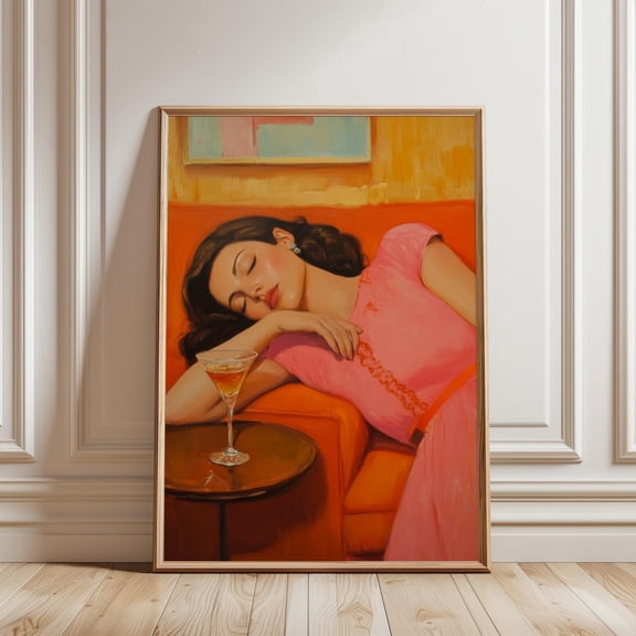 YaHaku Woman on Couch with Martini, style woman resting on orange couch wall art print with cocktail martini in hand, retro glam painting
