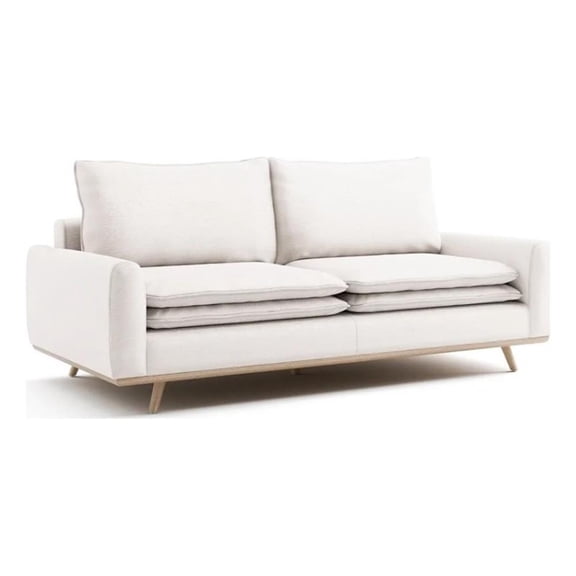 Yaana Sofa with Feather Blend Pillows- Oak Brown Wood- White 83 Inch
