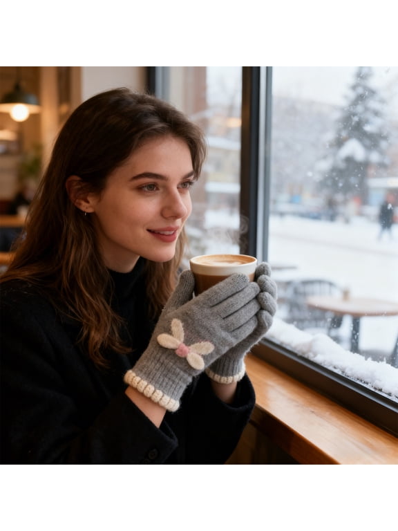 Yaayu 1 Pair Touchscreen Knitted Gloves for Women, Winter Knitted Yarn Warm Cute Five-Finger Student Cycling Gloves with Bow, Gray