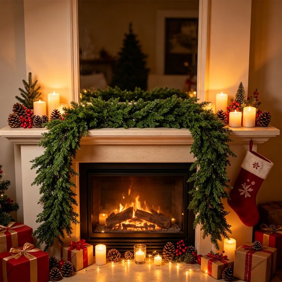 Yaayu 1Pc 78.7in Artificial Christmas Garland, 128 Tips Soft Pinecone Rattan for Fireplace Mantel, Style 004, Green