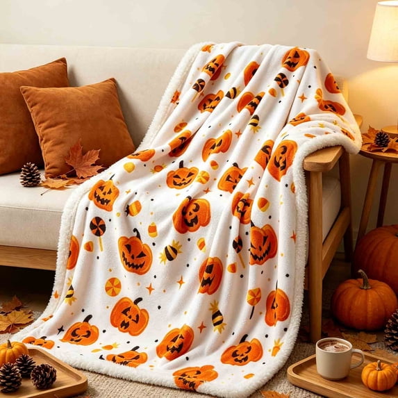 Yaayu 1Pc Halloween Flannel Blanket, 39.4 x 51.2 Inch Soft Throw with Pumpkin Ghost Print, Blankets for Sofa Bed Travel Camping, Orange