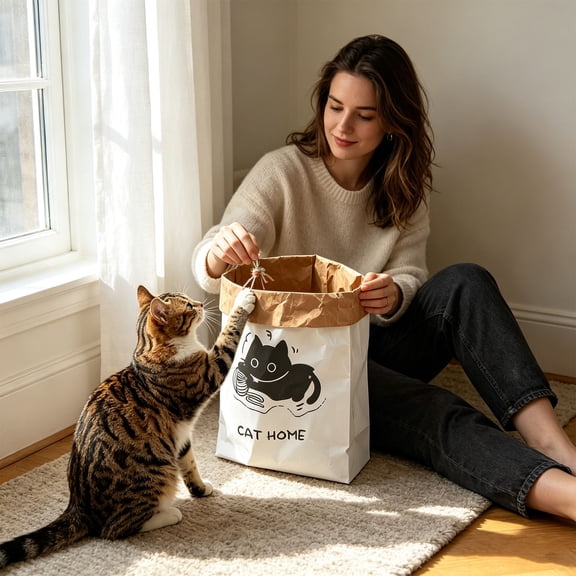 Yaayu 1Pc Large Crinkle Kraft Paper Cat Sack, Interactive Hideaway Tunnel Toy Foldable House for Cats, White Cat Print