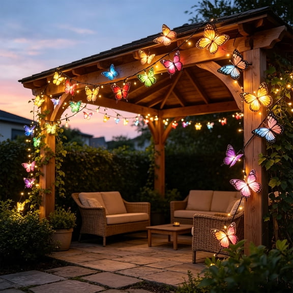 Yaayu 1Pc Solar Butterfly String Lights, 196.8in Multicolor LED Waterproof Outdoor Decorative Light for Patio Pergola Garden Party, A