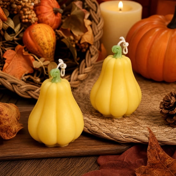 Yaayu 2-Piece Handmade Pumpkin Aromatherapy Candle Set, Warm Glow Thanksgiving Halloween Tabletop Decor, Yellow, 3.07x2.36in