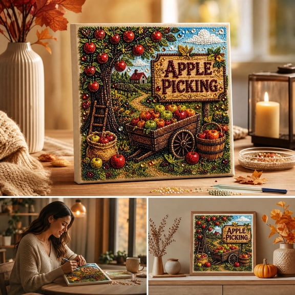Yaayu Fall Diamond Art Kits for Adults, 1 Set Apple Picking Farm 5D Special Shaped Diamond Dots Craft Set with Frame, 7.9x7.9 In Autumn Table Wall Decor, Thanksgiving