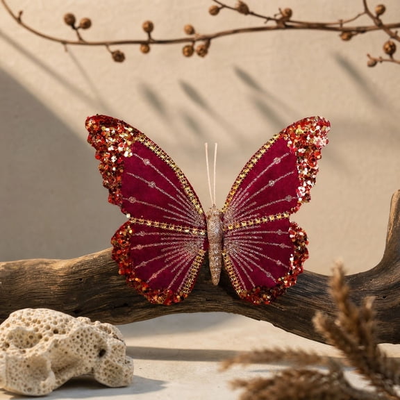 Yaayu Glitter Butterfly Clip Ornament, Velvet Faux Butterfly 7.87 x 5.91 Inch with Sequin Trim for Christmas Tree Wreath Garland Decor, Burgundy Red