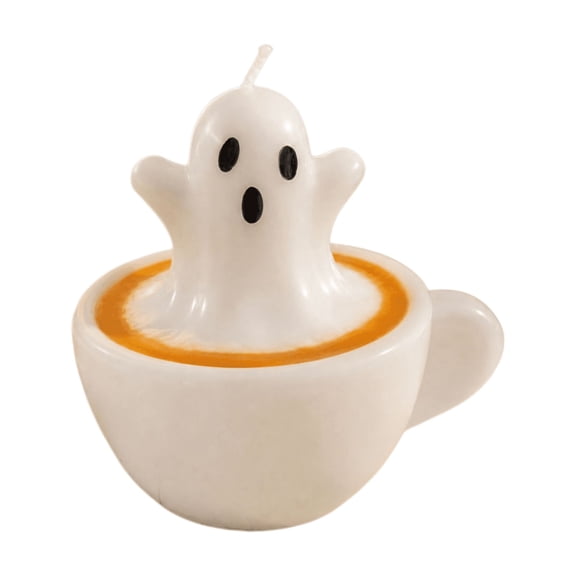 Yaayu Halloween Ghost Candle 1 Pc, 4 Inch White Ghost in Coffee Cup Wax Candle, Cute Tabletop Halloween Decoration Indoor for Party Home Decor, White