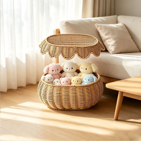 Yaayu Imitation Rattan Woven Storage Basket with Lid, Covered Organizer for Snacks Toys Clothing, Storage Bin for Home, Medium