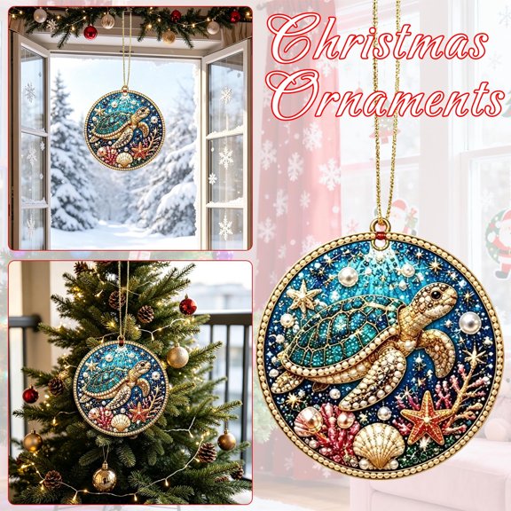 Yaayu Ocean Pearl Diamond Art Kits for Adults, Sea Turtle Shell Coral Hanging Ornament, 3D Pearl Beads with Rhinestones and Gold Cord, 1 Pc 7.9 In Wall Decor, Blue