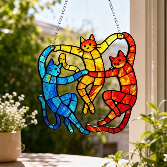 Yaayu Pendant Stained Glass Hanging Ornament, Three Color Dancing Kitty Sun Kitty Ornament For Home Window And Entryway Wall Art Decor