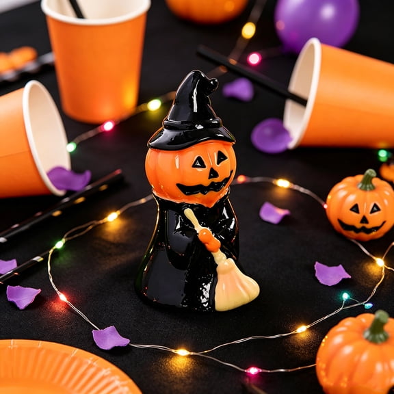 Yaayu Pumpkin Witch Mini Figurines, Small Resin Pumpkin Wizard Ornaments for Desktop Garden Terrarium Halloween Party, Decoration Ornaments, Black