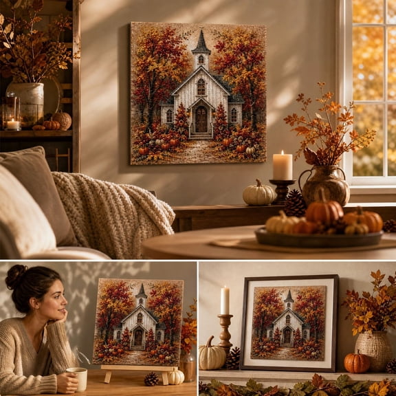 Yaayu Thanksgiving Diamond Art Kits for Adults, 1 Pc White Church Autumn Forest Full Drill Diamond Dots Canvas, DIY Fall Wall Decor, 9.84x9.84in